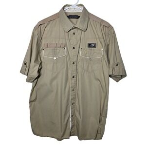 COOGI Mens Short Sleeve Button Up Shirt Tan Khaki Utility Safari Large L